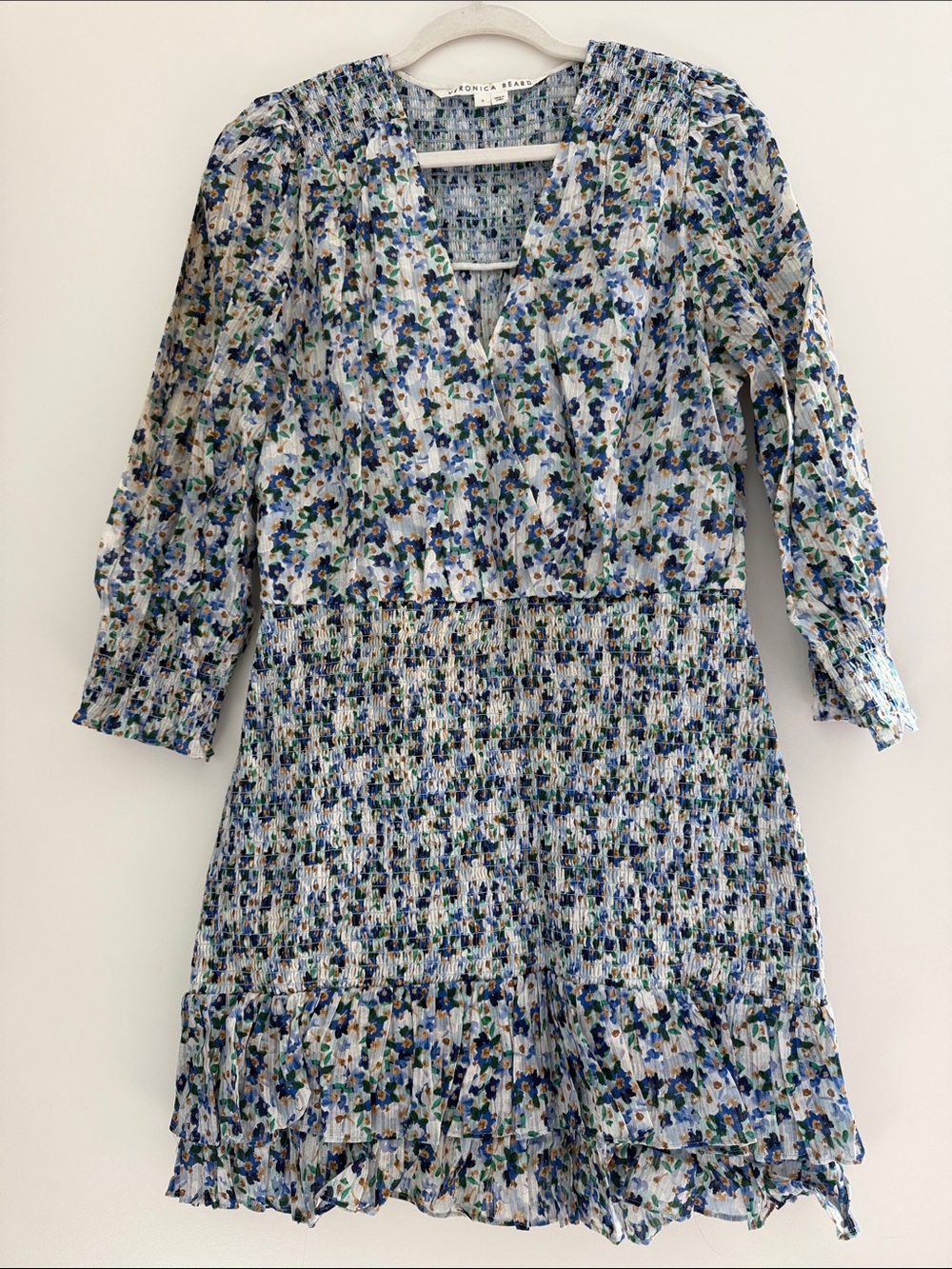 Veronica Beard Blue & Green Floral Smocked Mini Dress